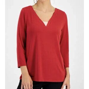 JM Collection Top V-neck Jeweled Neckline 3/4 sleeve Blouse Red Size SP